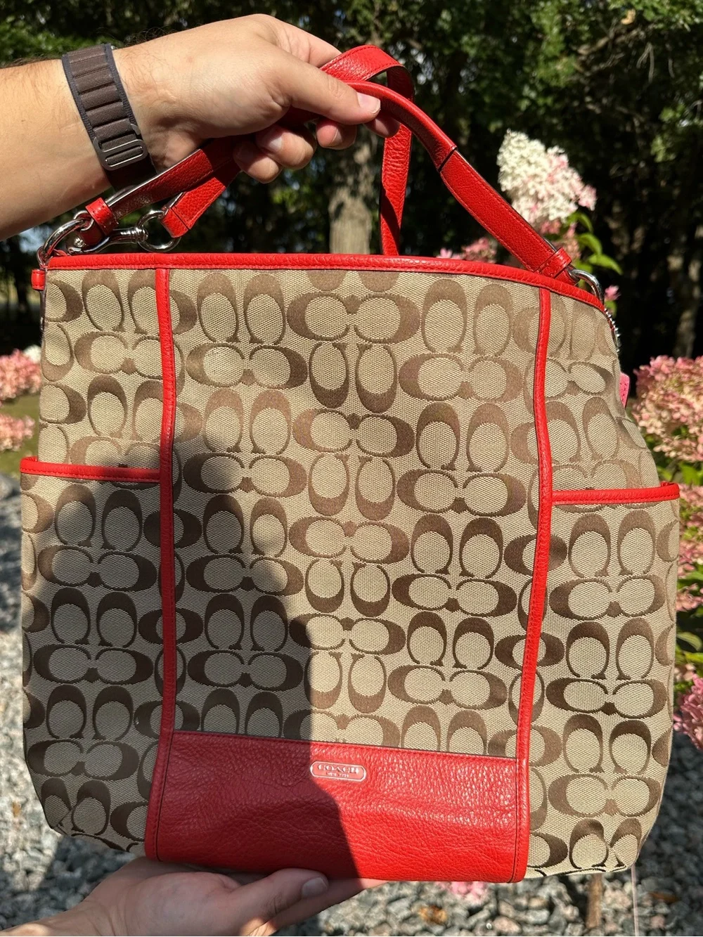 Coach Beige Signature Canvas Tote with Red Trim